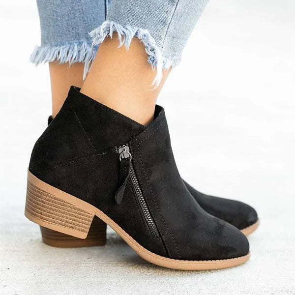 Women's blue and orange side-zip ankle boots with block heels