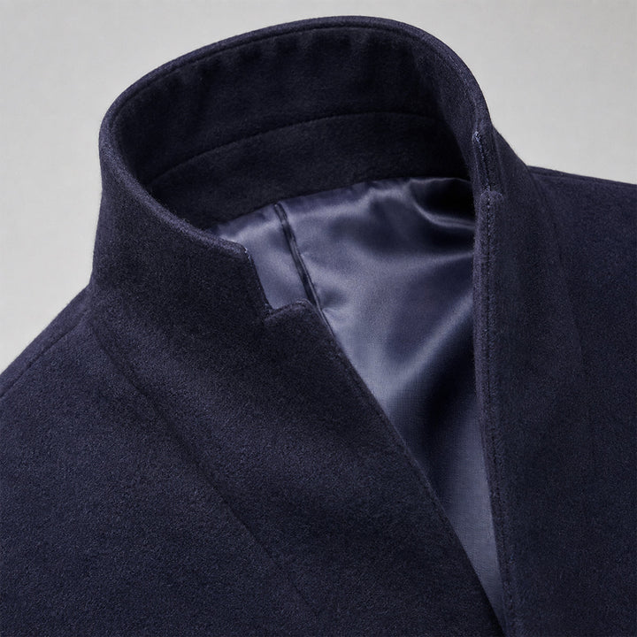 Men's long stand collar button-front overcoat