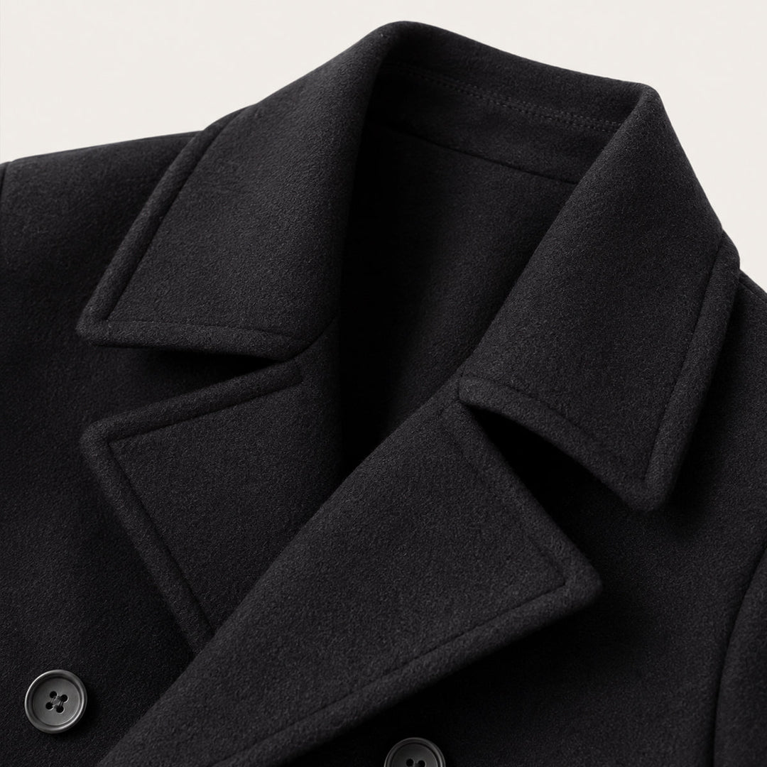 Men's black double-breasted peacoat with notched lapel and long sleeves