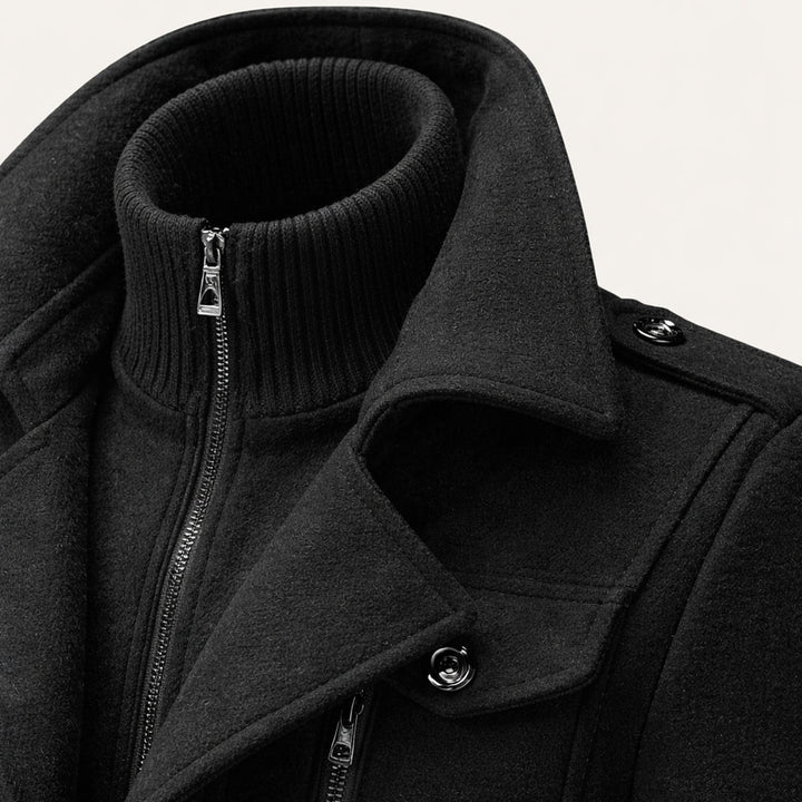 Men's long structured coat with high collar, zip front, buttons and multiple pockets