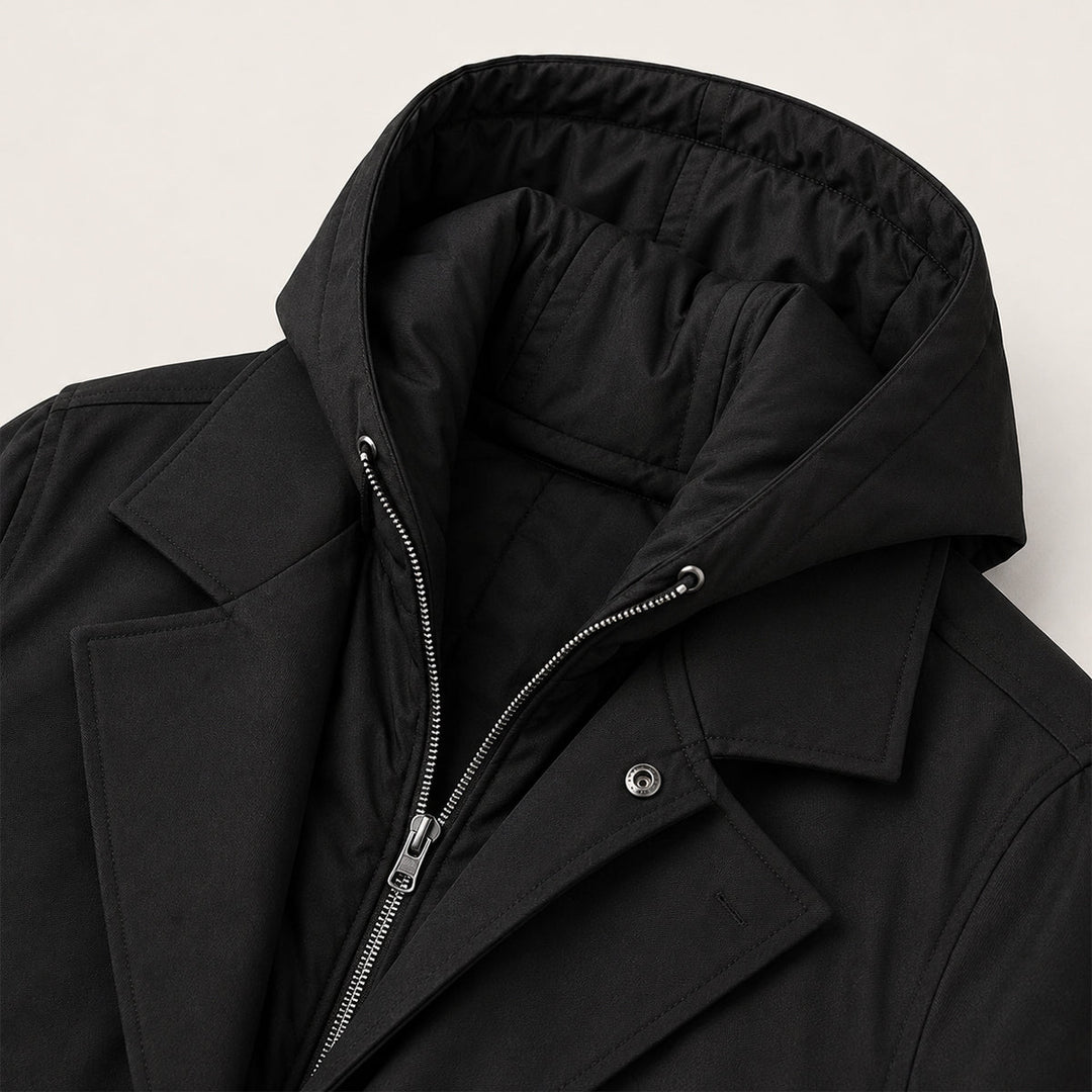 Men's long hooded parka coat with button front and side pockets