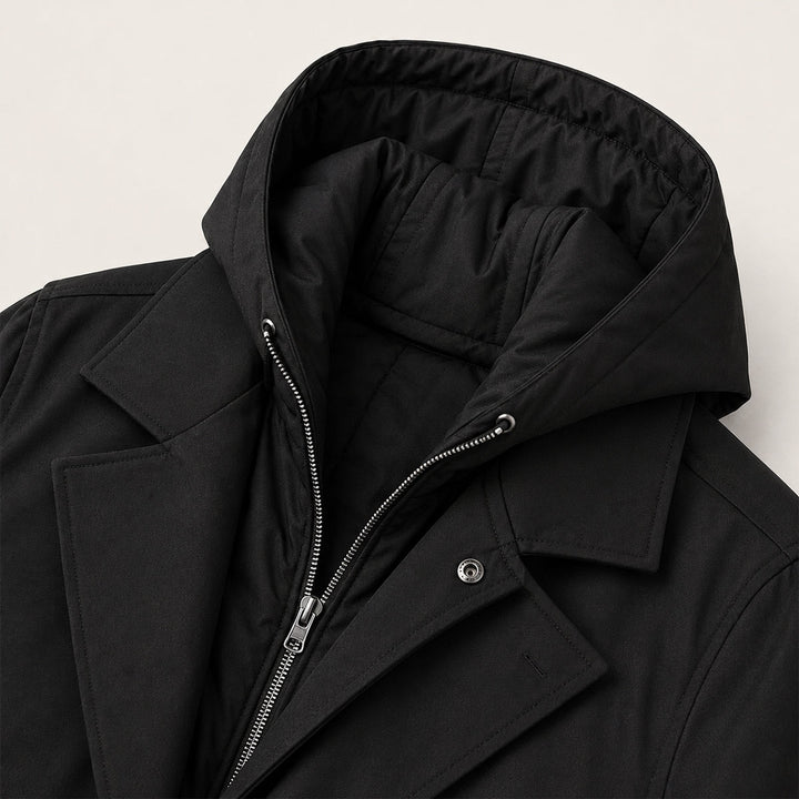 Men's long hooded parka coat with button front and side pockets