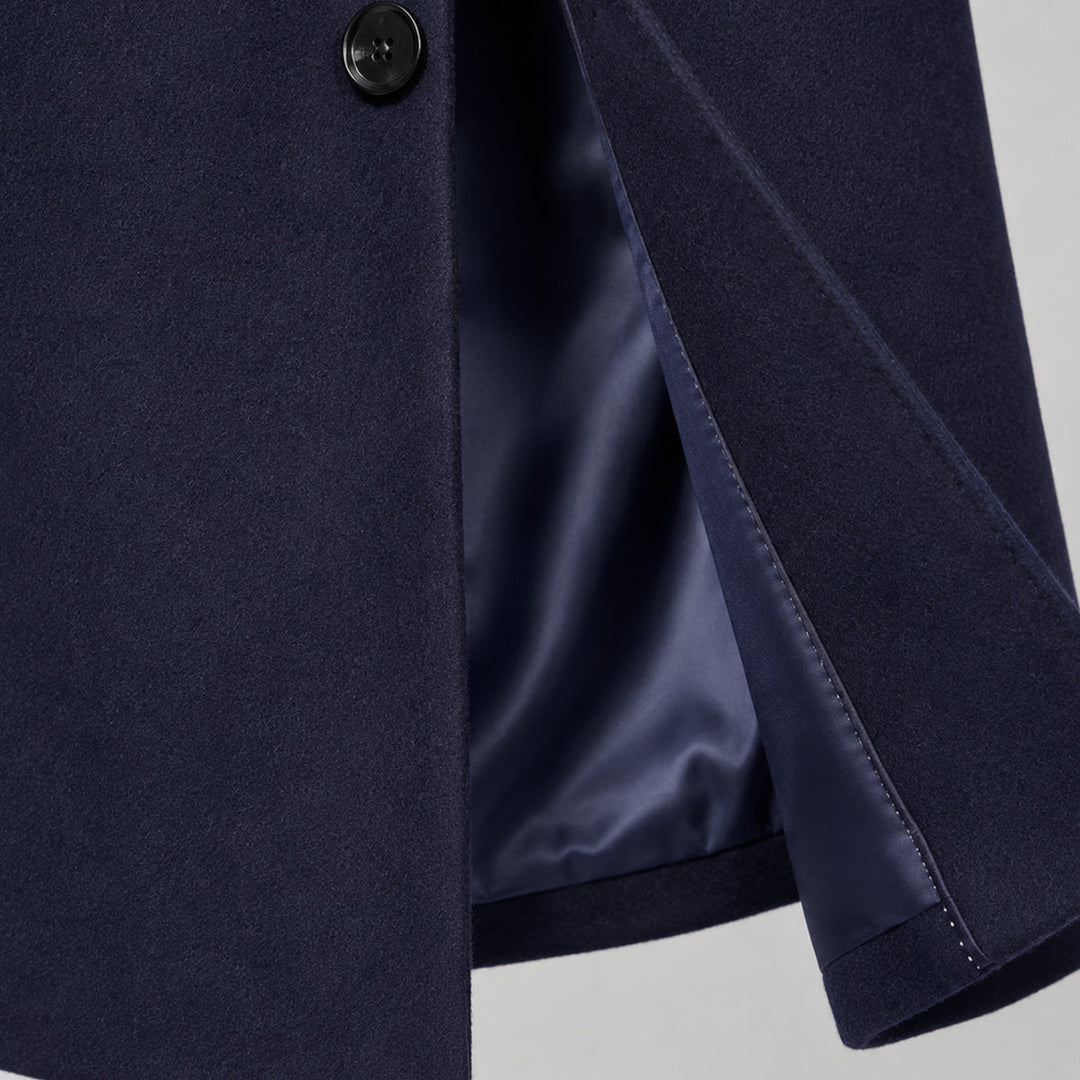 Men's long stand collar button-front overcoat
