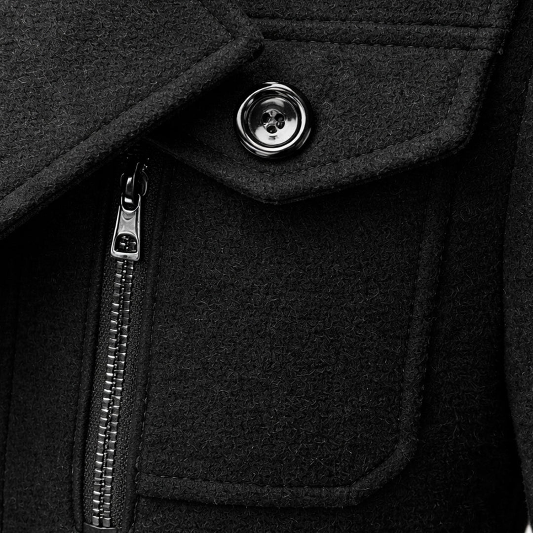Men's long structured coat with high collar, zip front, buttons and multiple pockets