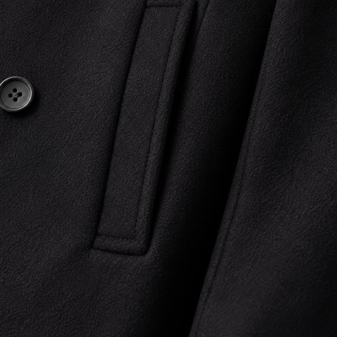 Men's black double-breasted peacoat with notched lapel and long sleeves
