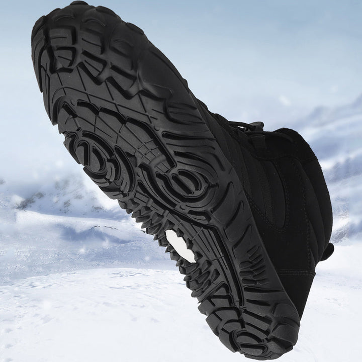 High-top lace-up barefoot boots with rounded toes and textured flat soles