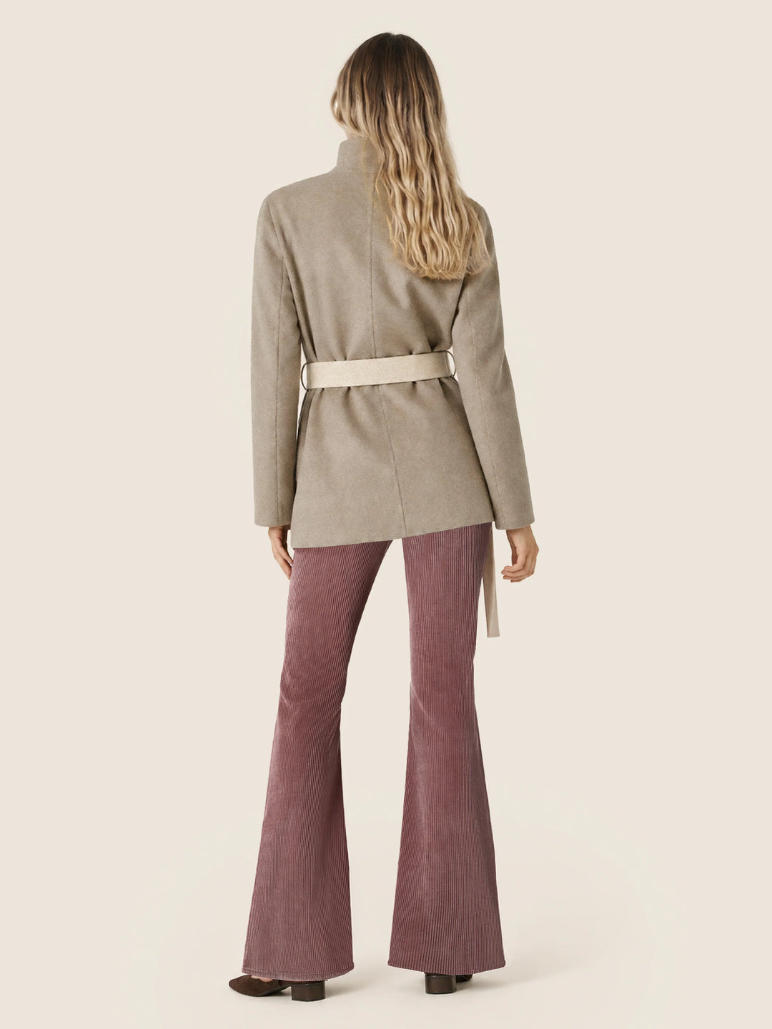 Women's beige wrap coat with high collar, long sleeves and tie belt