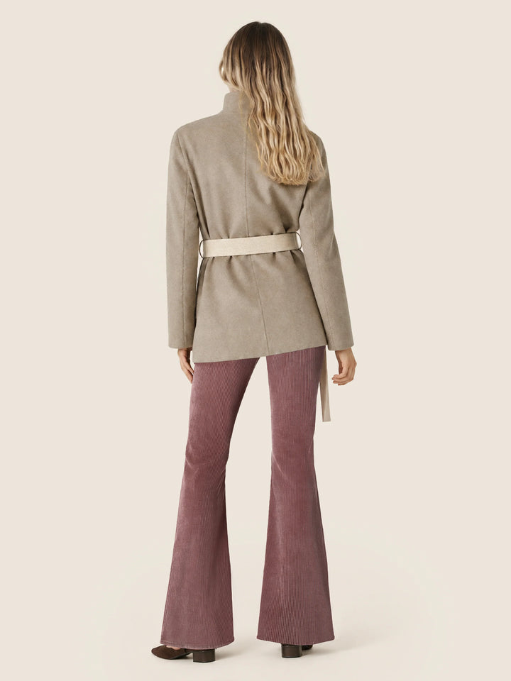 Women's beige wrap coat with high collar, long sleeves and tie belt