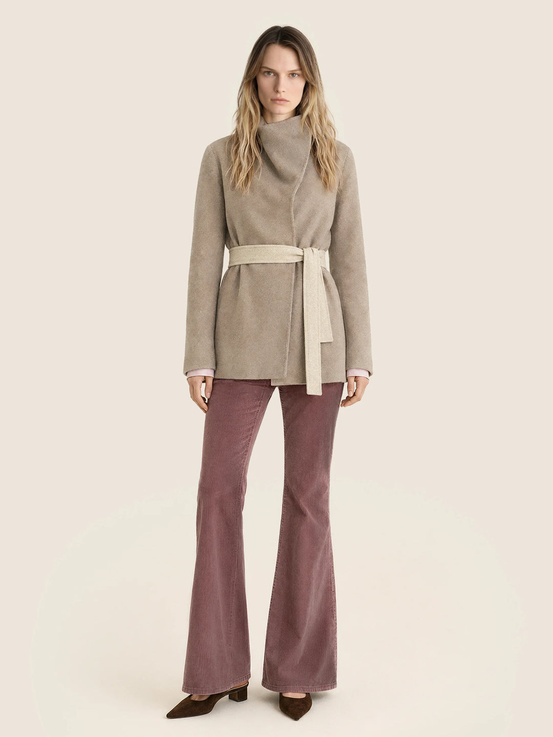 Women's beige wrap coat with high collar, long sleeves and tie belt