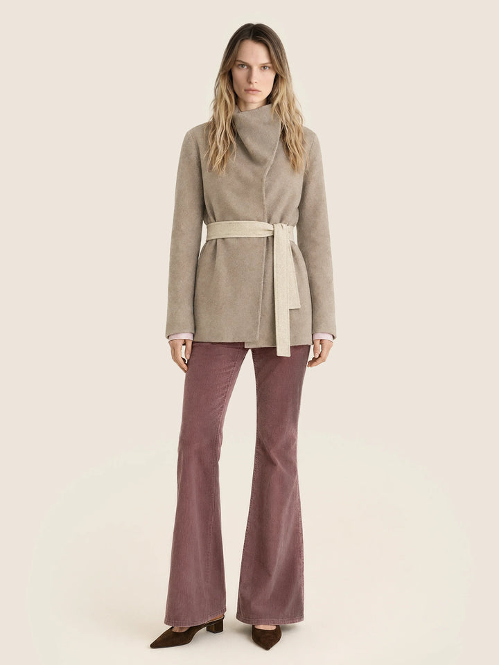 Women's beige wrap coat with high collar, long sleeves and tie belt