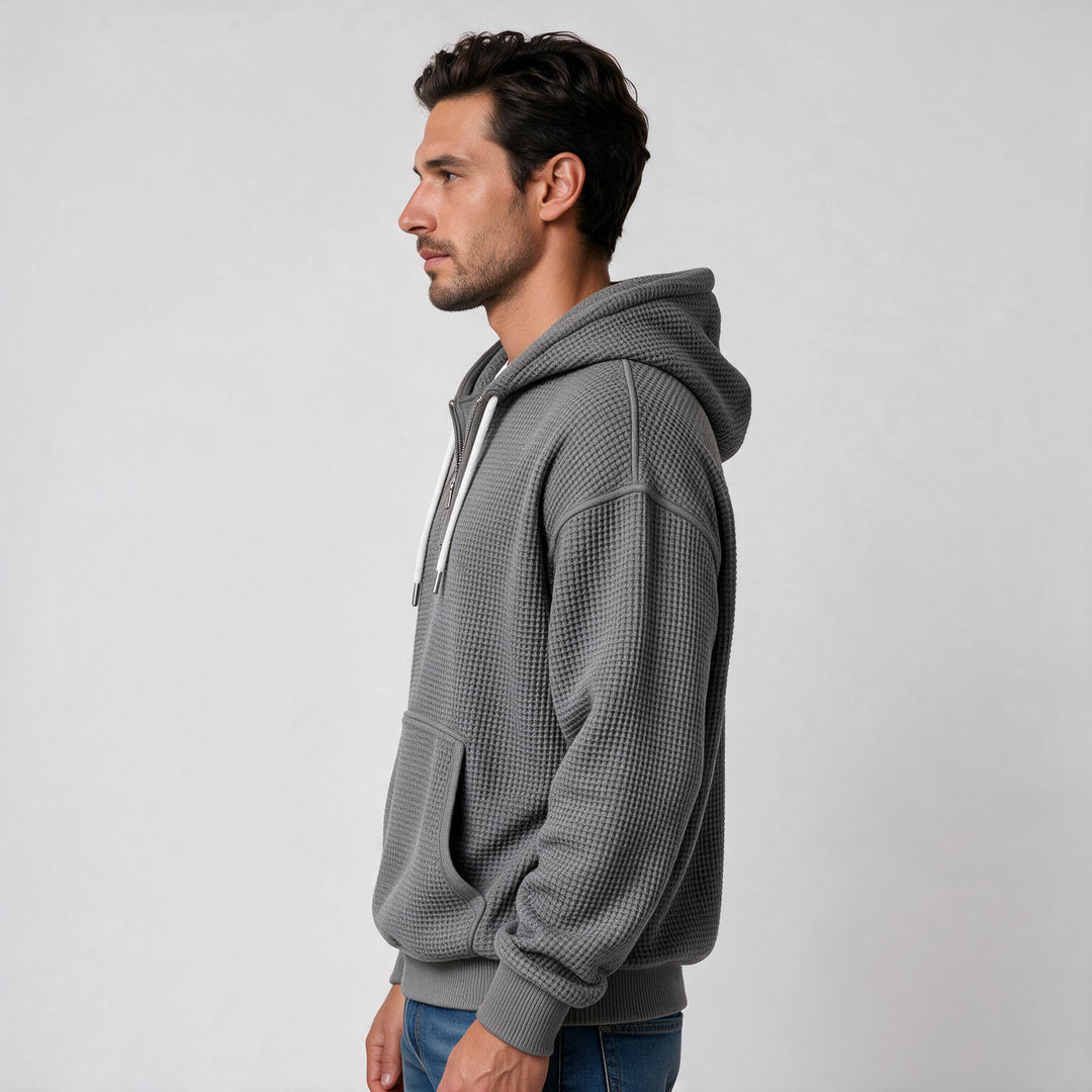 Men's textured waffle hoodie with hood, zip neckline and kangaroo pocket