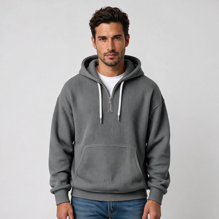 Men's textured waffle hoodie with hood, zip neckline and kangaroo pocket