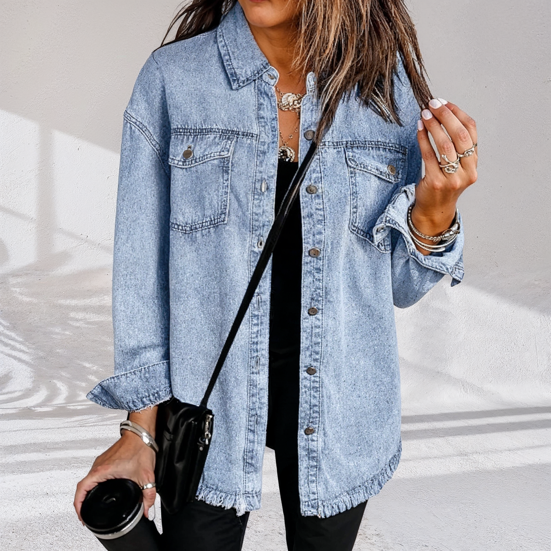 Women's oversized denim jacket with frayed hem