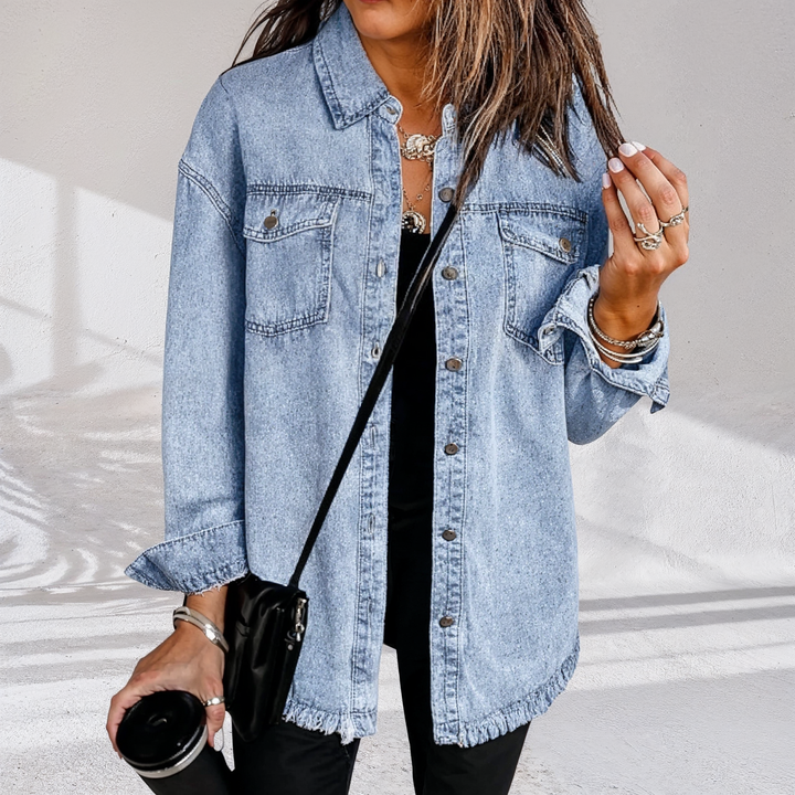 Women's oversized denim jacket with frayed hem