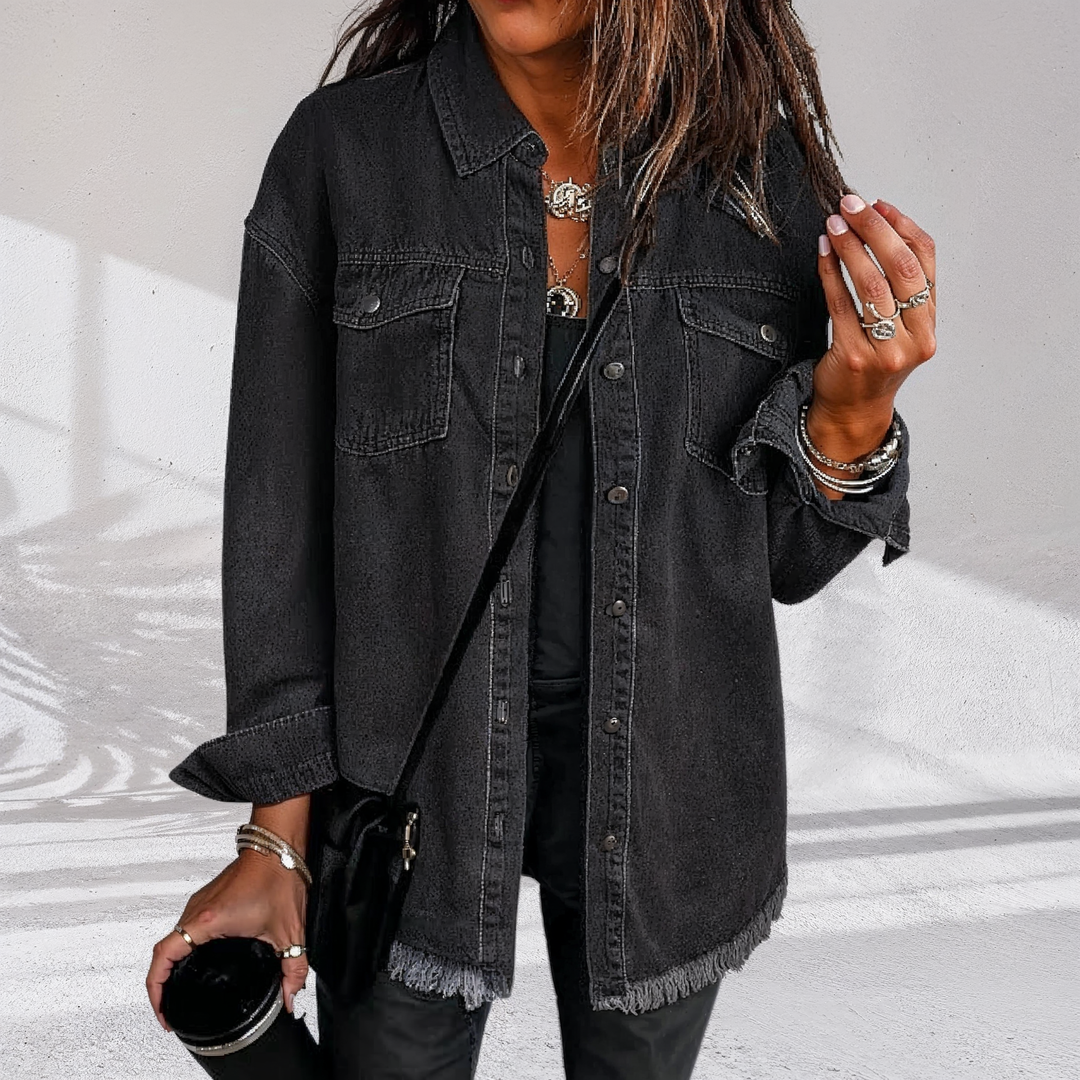Women's oversized denim jacket with frayed hem