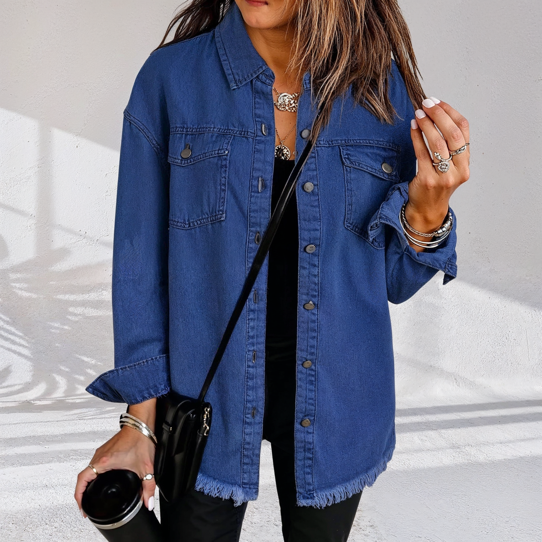 Women's oversized denim jacket with frayed hem