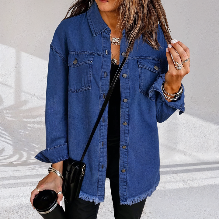 Women's oversized denim jacket with frayed hem