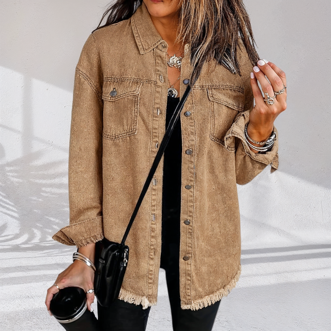 Women's oversized denim jacket with frayed hem