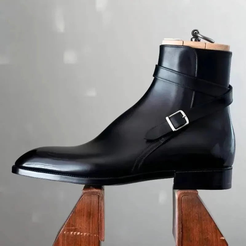 Ankle boots with pointed toes, buckle straps and low block heels