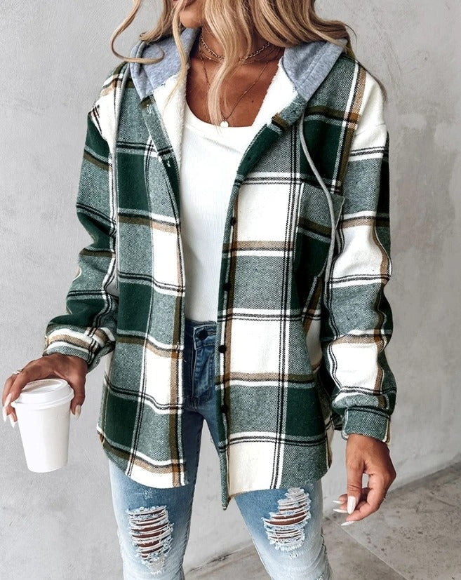 Women's green and cream plaid flannel jacket with drawstring hood and button front