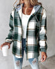 Women's green and cream plaid flannel jacket with drawstring hood and button front