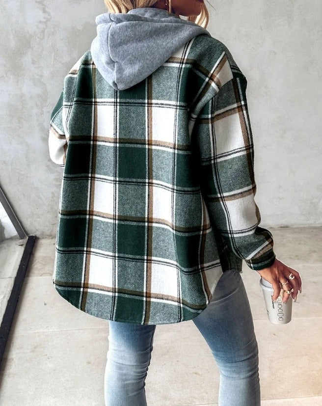 Women's green and cream plaid flannel jacket with drawstring hood and button front