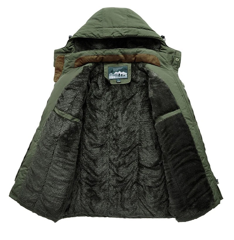 Men's hooded winter jacket with multiple pockets and zip front