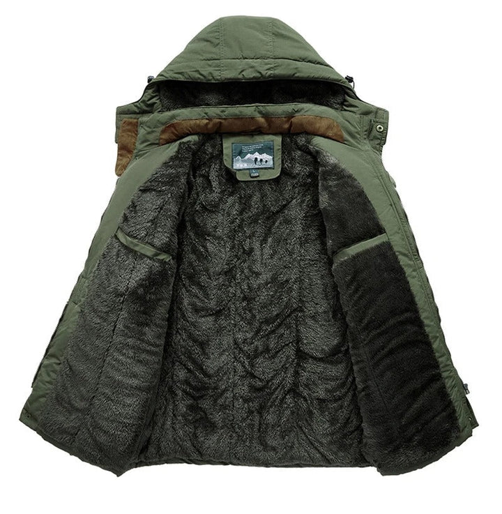 Men's hooded winter jacket with multiple pockets and zip front