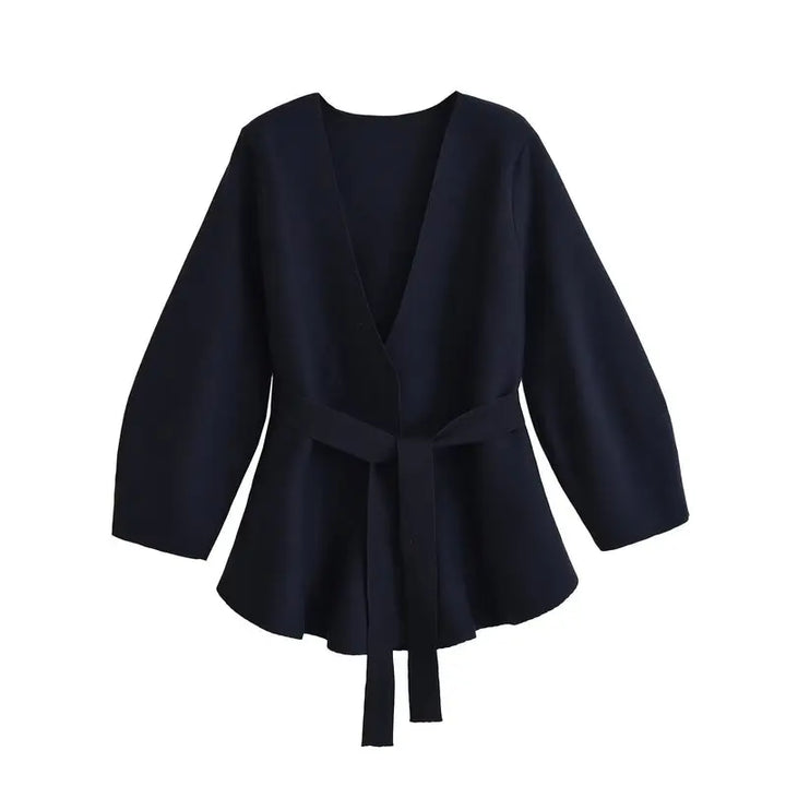 Women's wrap knit top with V-neckline, long sleeves and front tie waist