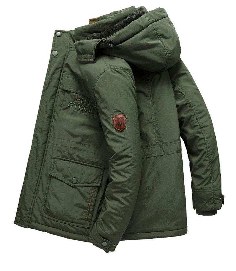 Men's hooded winter jacket with multiple pockets and zip front