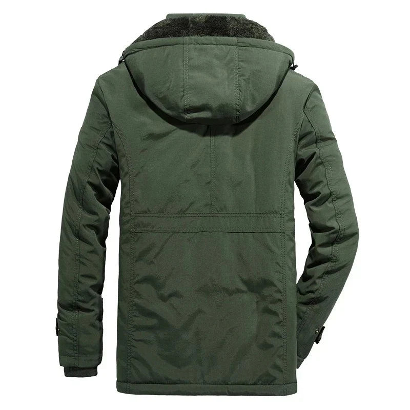 Men's hooded winter jacket with multiple pockets and zip front