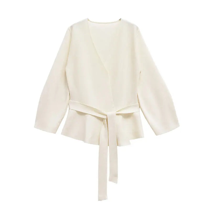 Women's wrap knit top with V-neckline, long sleeves and front tie waist