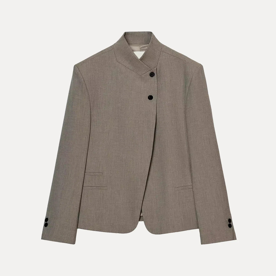 Women's collarless button blazer with long sleeves and front pockets
