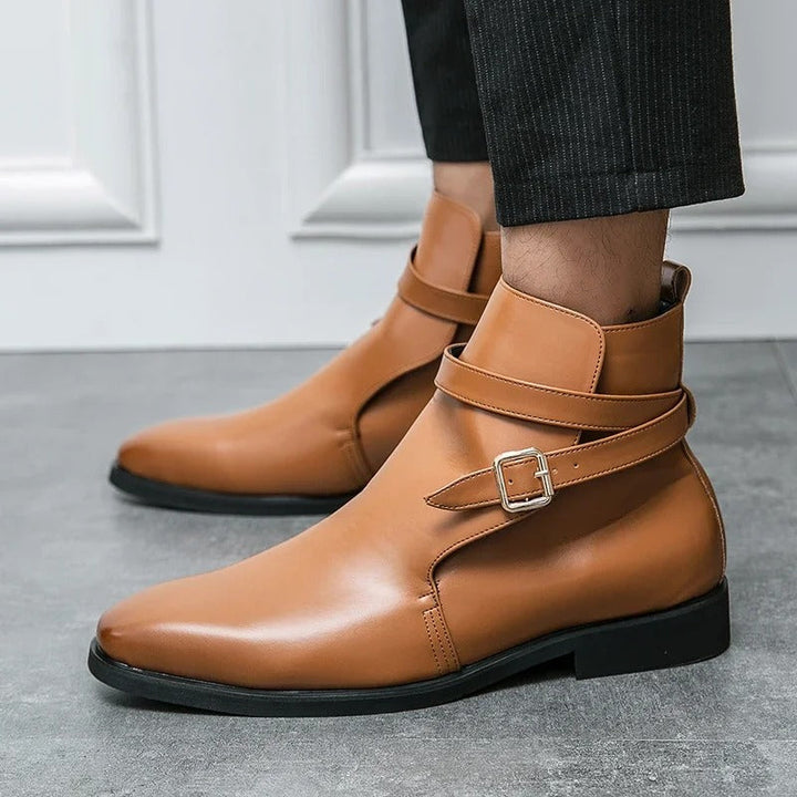 Ankle boots with pointed toes, buckle straps and low block heels