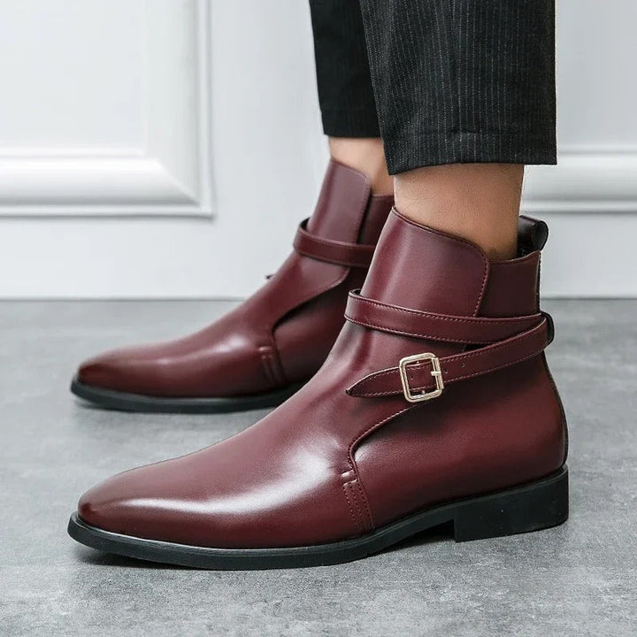 Ankle boots with pointed toes, buckle straps and low block heels