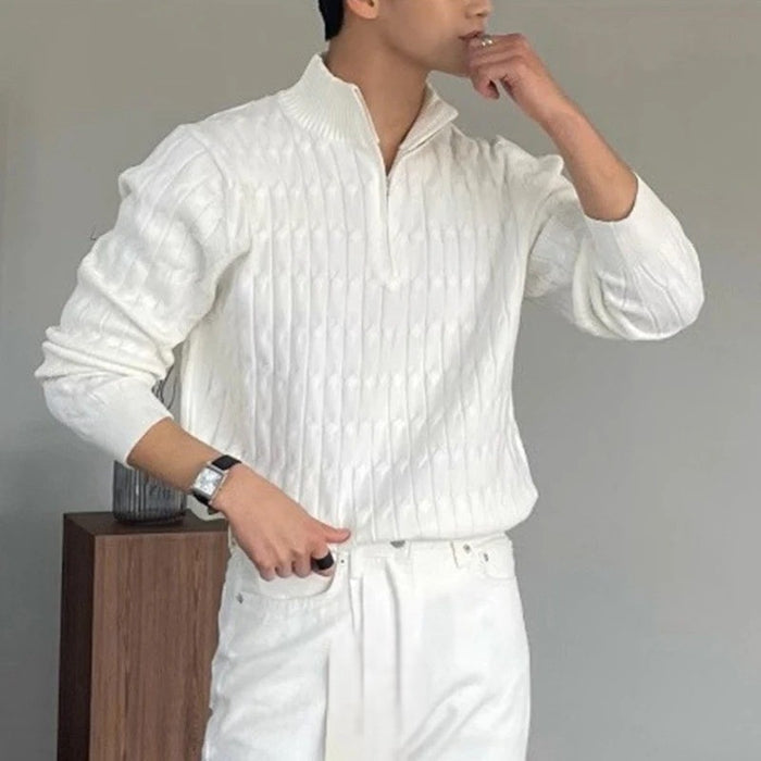 Unisex ribbed half-zip mock-neck sweater shown in white and black