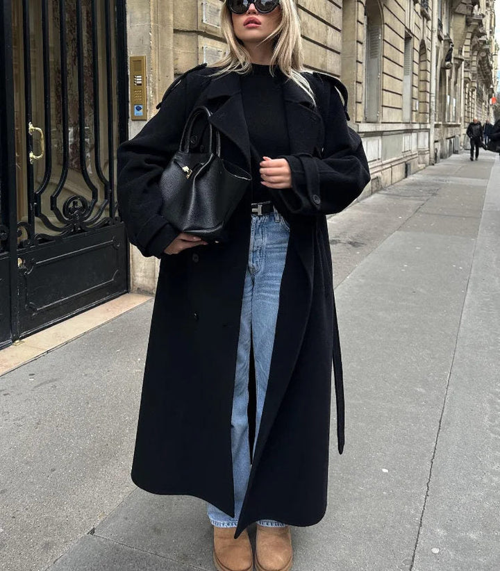 Women's black long oversized coat with wide lapels