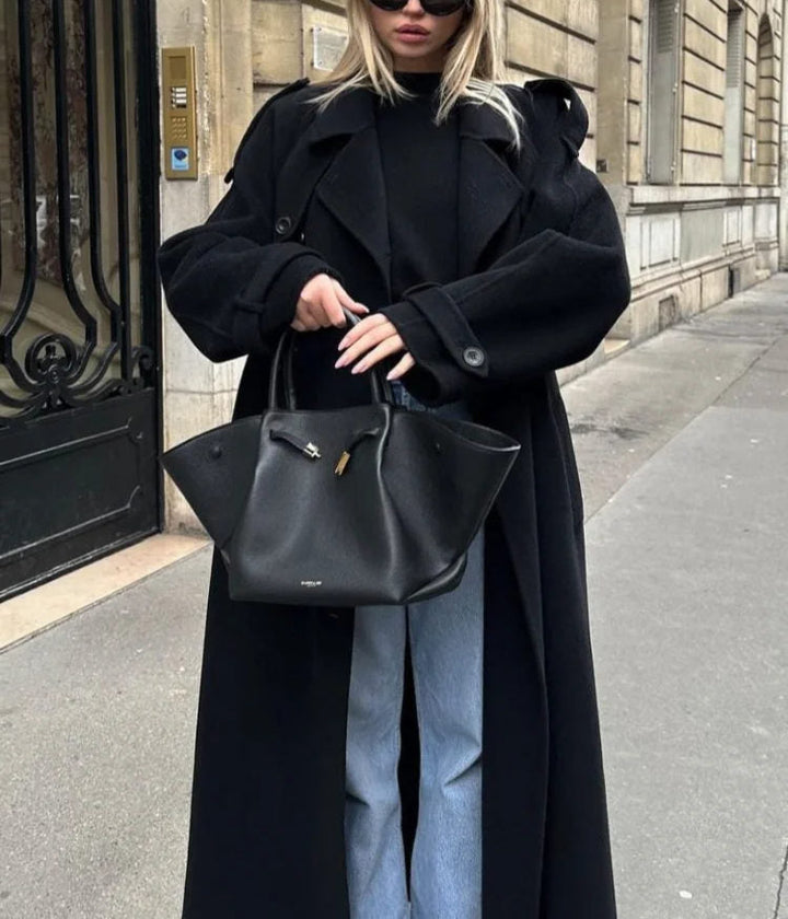 Women's black long oversized coat with wide lapels