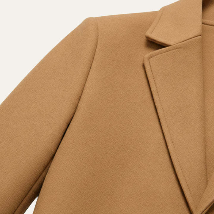 Men's long single-breasted overcoat with notched lapels and button front