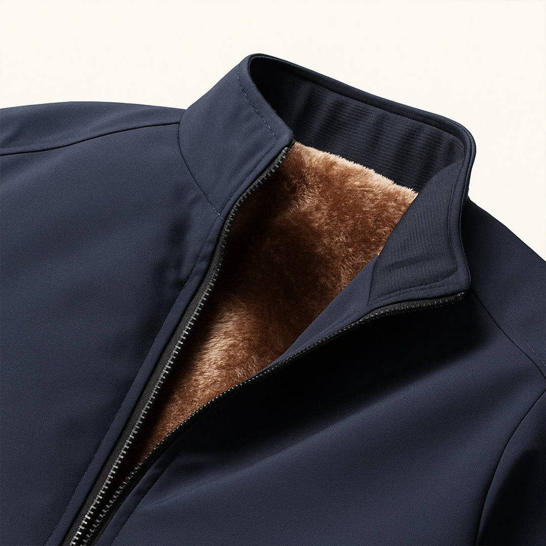 Men's fleece-lined jacket with stand collar and front zipper