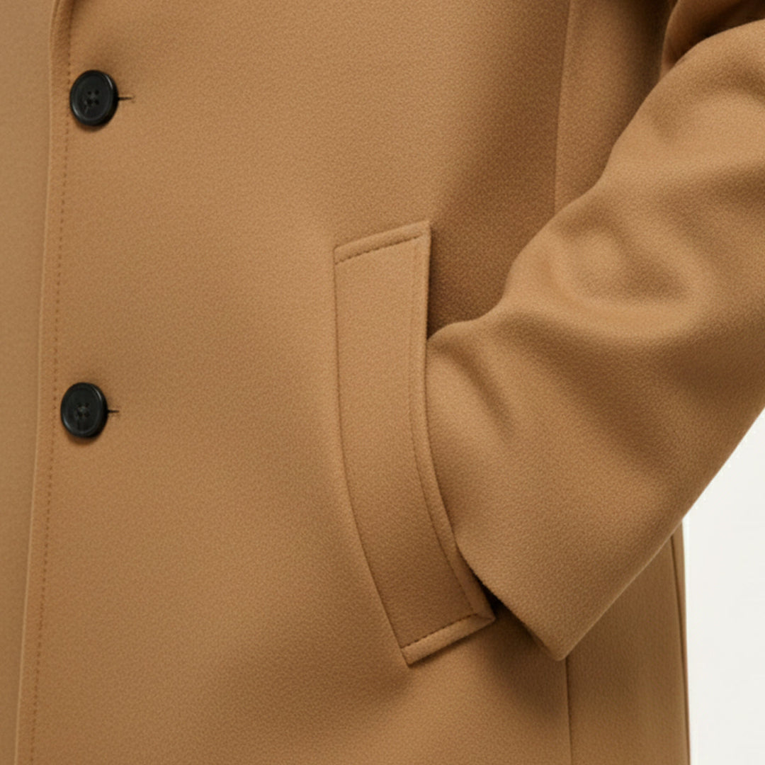 Men's long single-breasted overcoat with notched lapels and button front