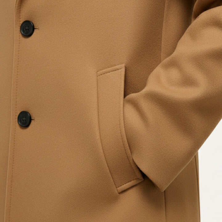 Men's long single-breasted overcoat with notched lapels and button front