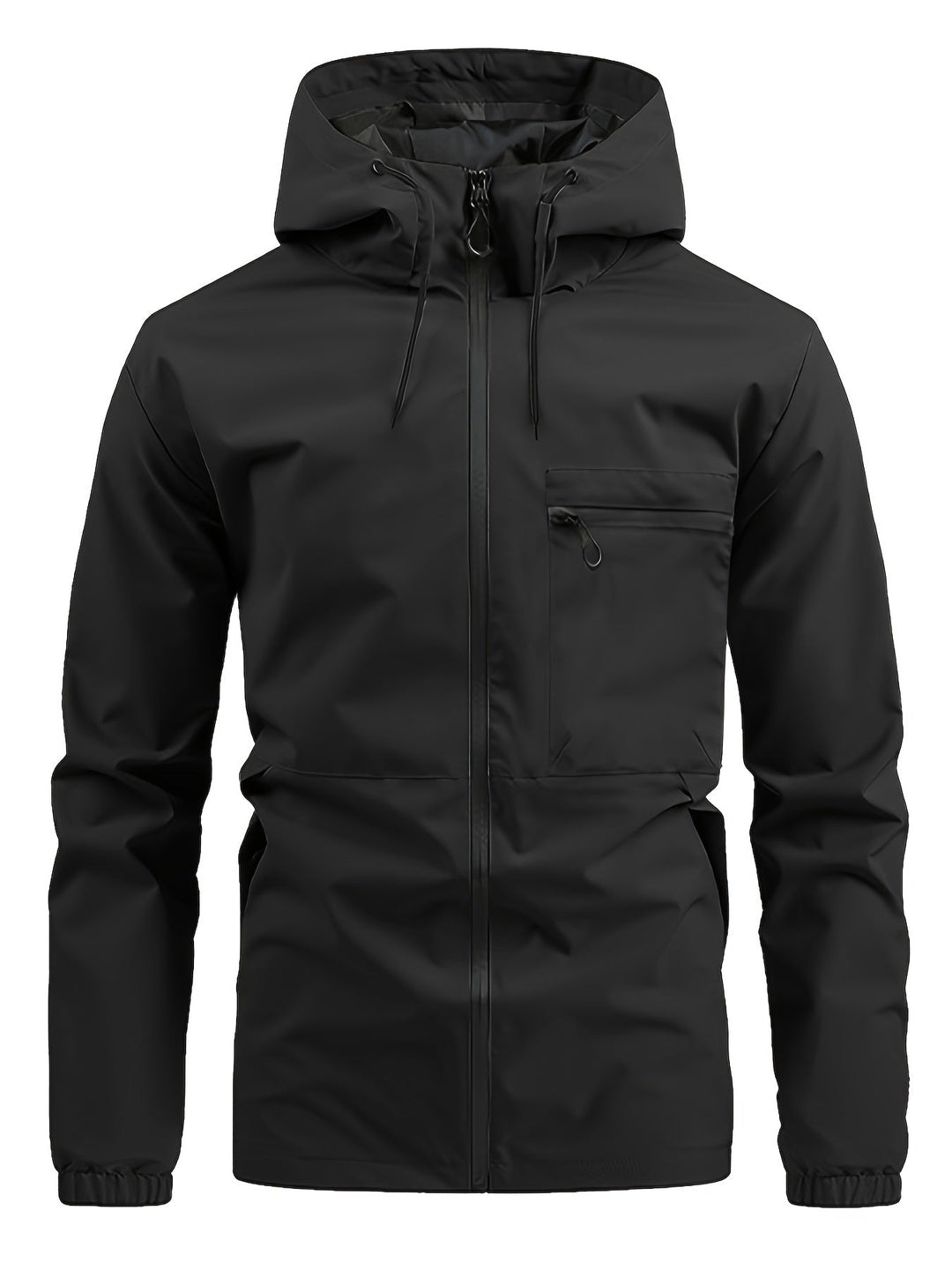 Men's hooded windbreaker jacket with full zip front, chest pocket and long sleeves