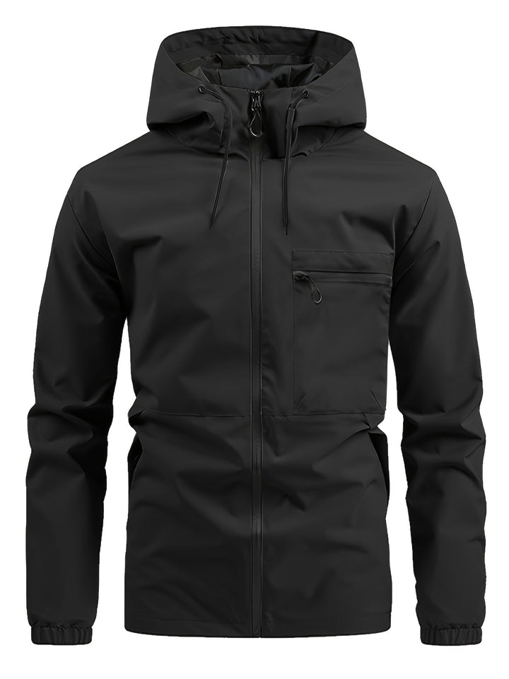 Men's hooded windbreaker jacket with full zip front, chest pocket and long sleeves