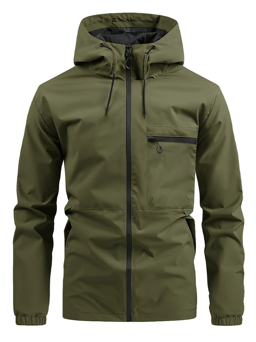 Men's hooded windbreaker jacket with full zip front, chest pocket and long sleeves