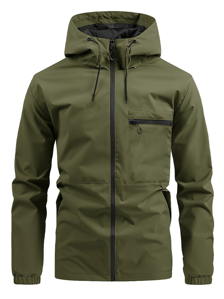 Men's hooded windbreaker jacket with full zip front, chest pocket and long sleeves