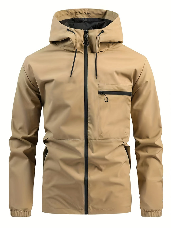 Men's hooded windbreaker jacket with full zip front, chest pocket and long sleeves