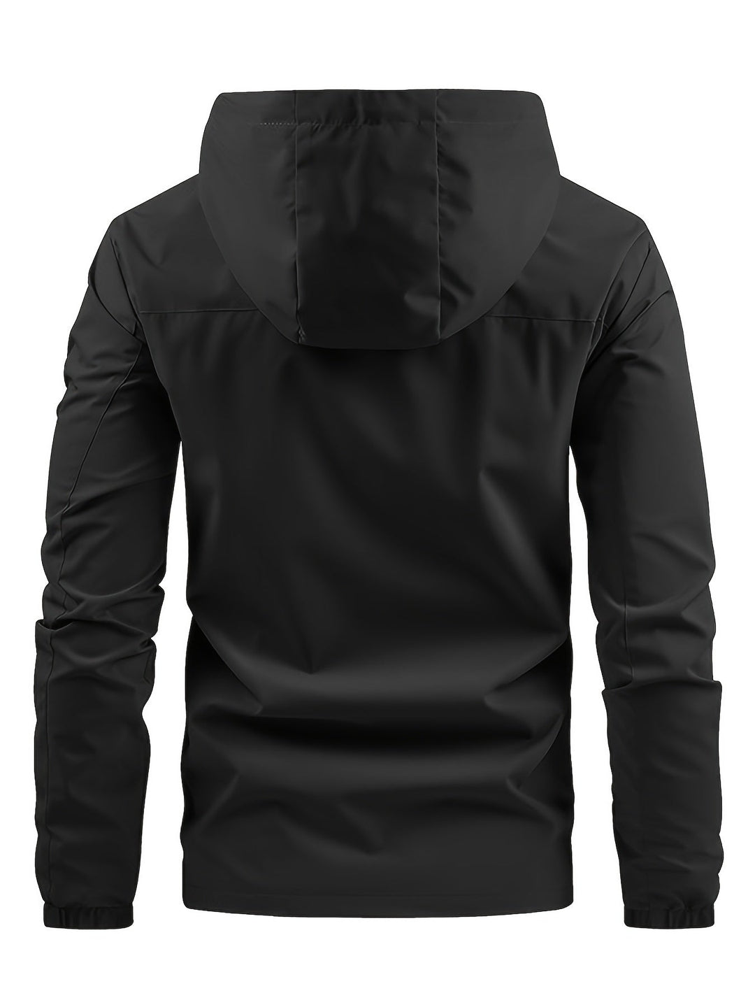 Men's hooded windbreaker jacket with full zip front, chest pocket and long sleeves