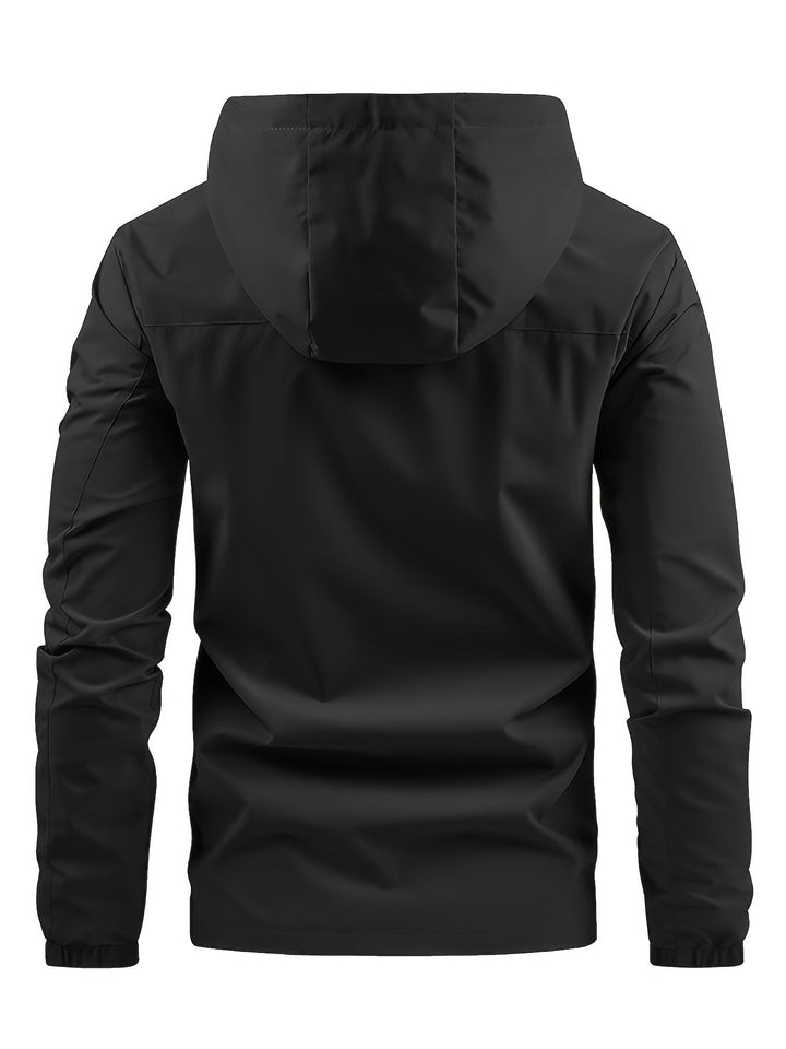 Men's hooded windbreaker jacket with full zip front, chest pocket and long sleeves