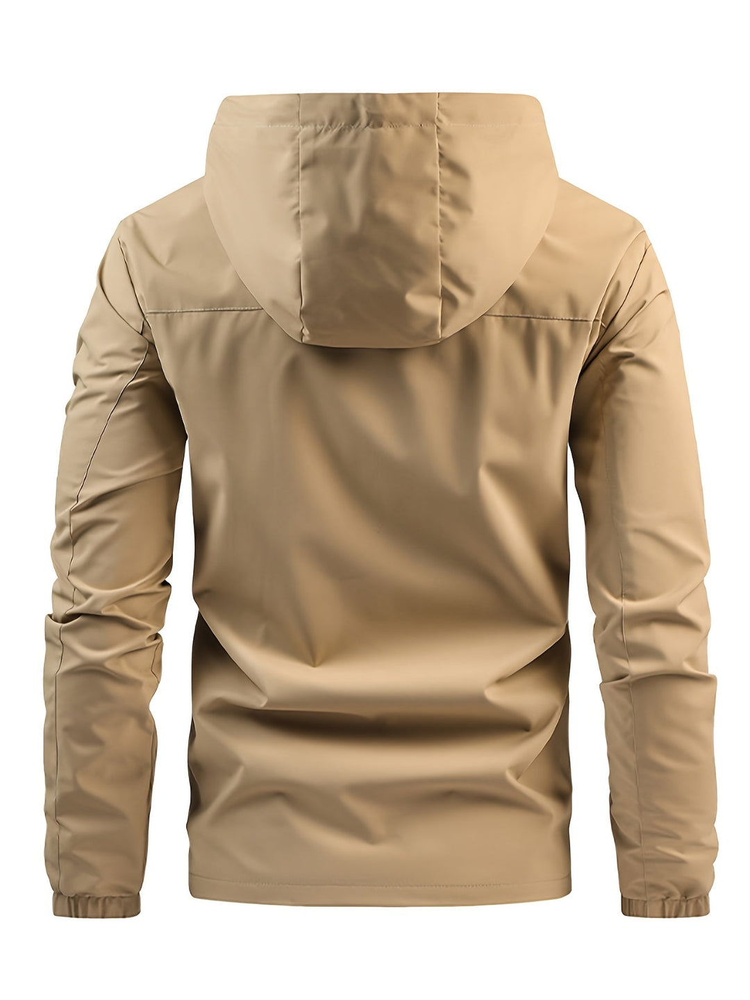Men's hooded windbreaker jacket with full zip front, chest pocket and long sleeves